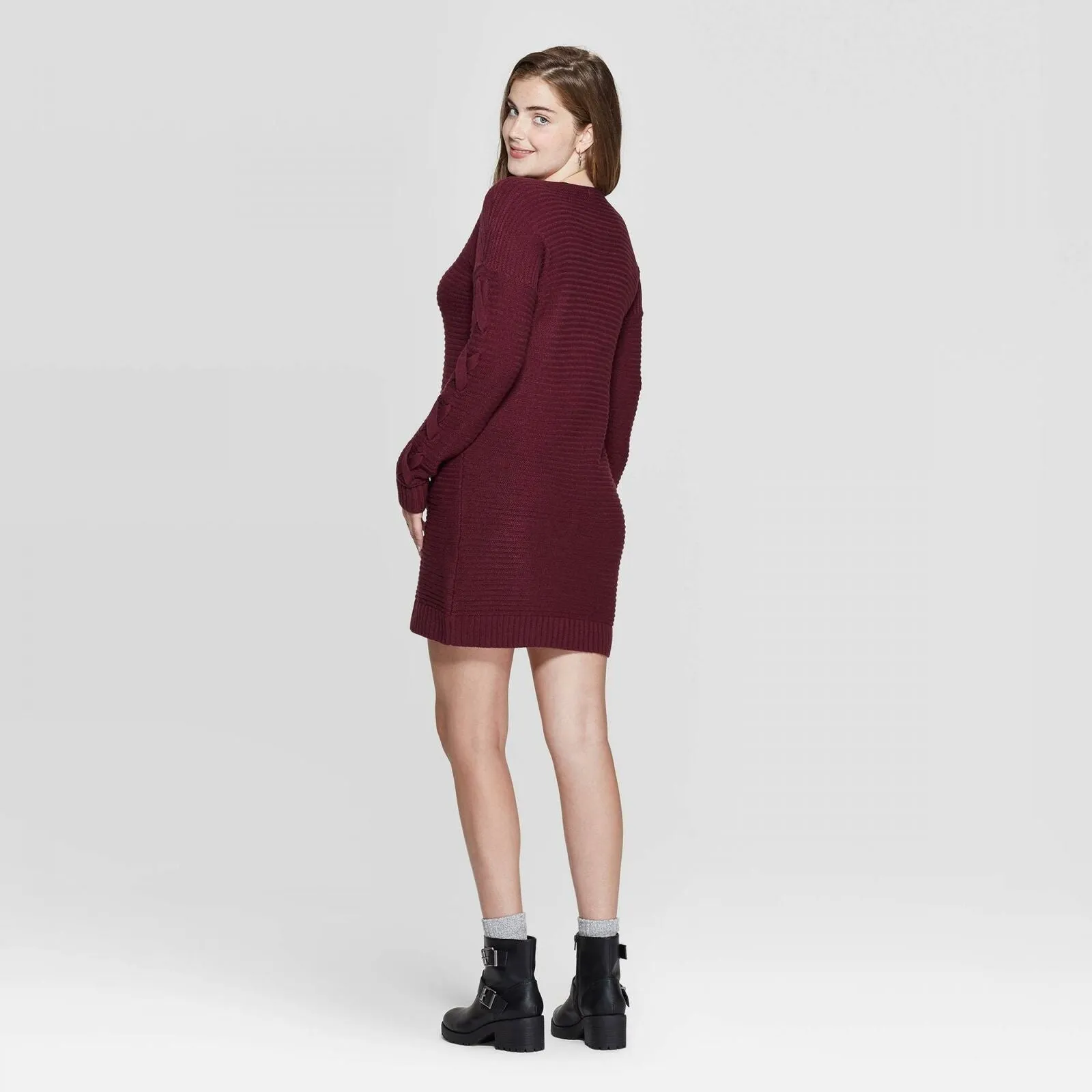 Xhilaration Women's Long Sleeve V-Neck Lace-Up Sweater Mini Dress