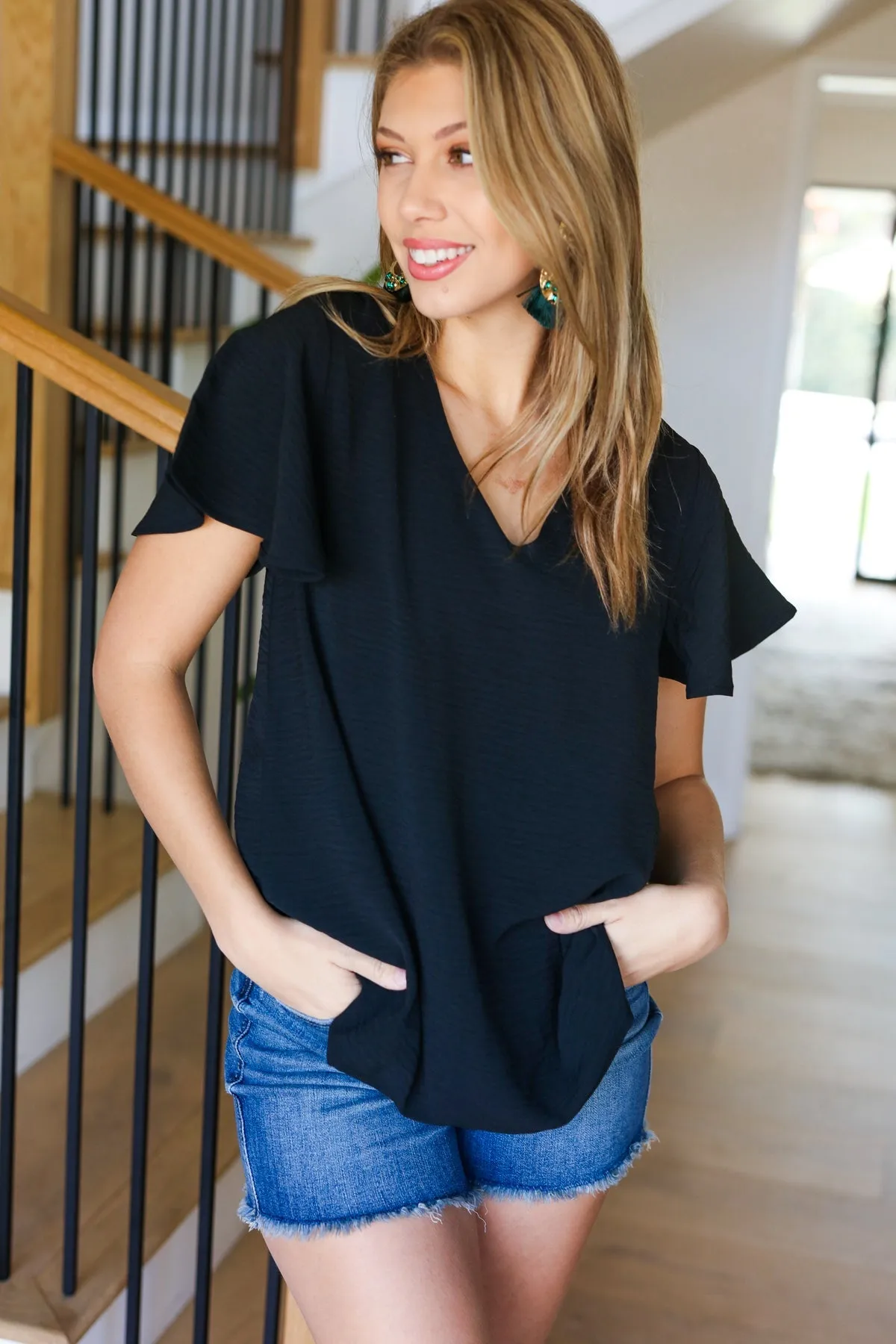 Zenana Black Flutter Sleeve V Neck Top