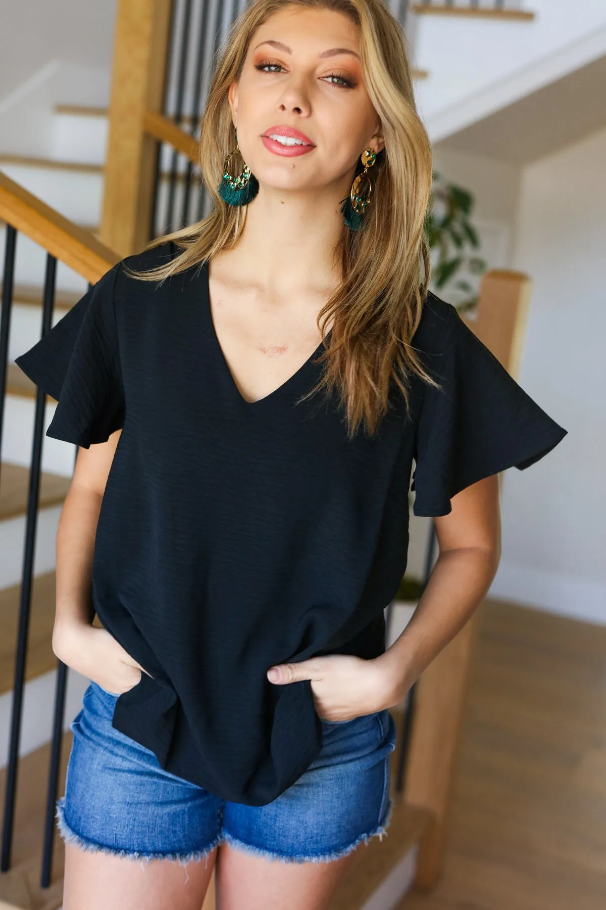 Zenana Black Flutter Sleeve V Neck Top