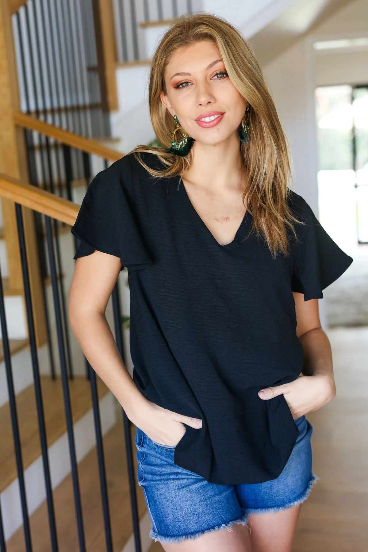 Zenana Black Flutter Sleeve V Neck Top