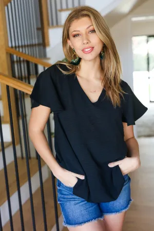 Zenana Black Flutter Sleeve V Neck Top