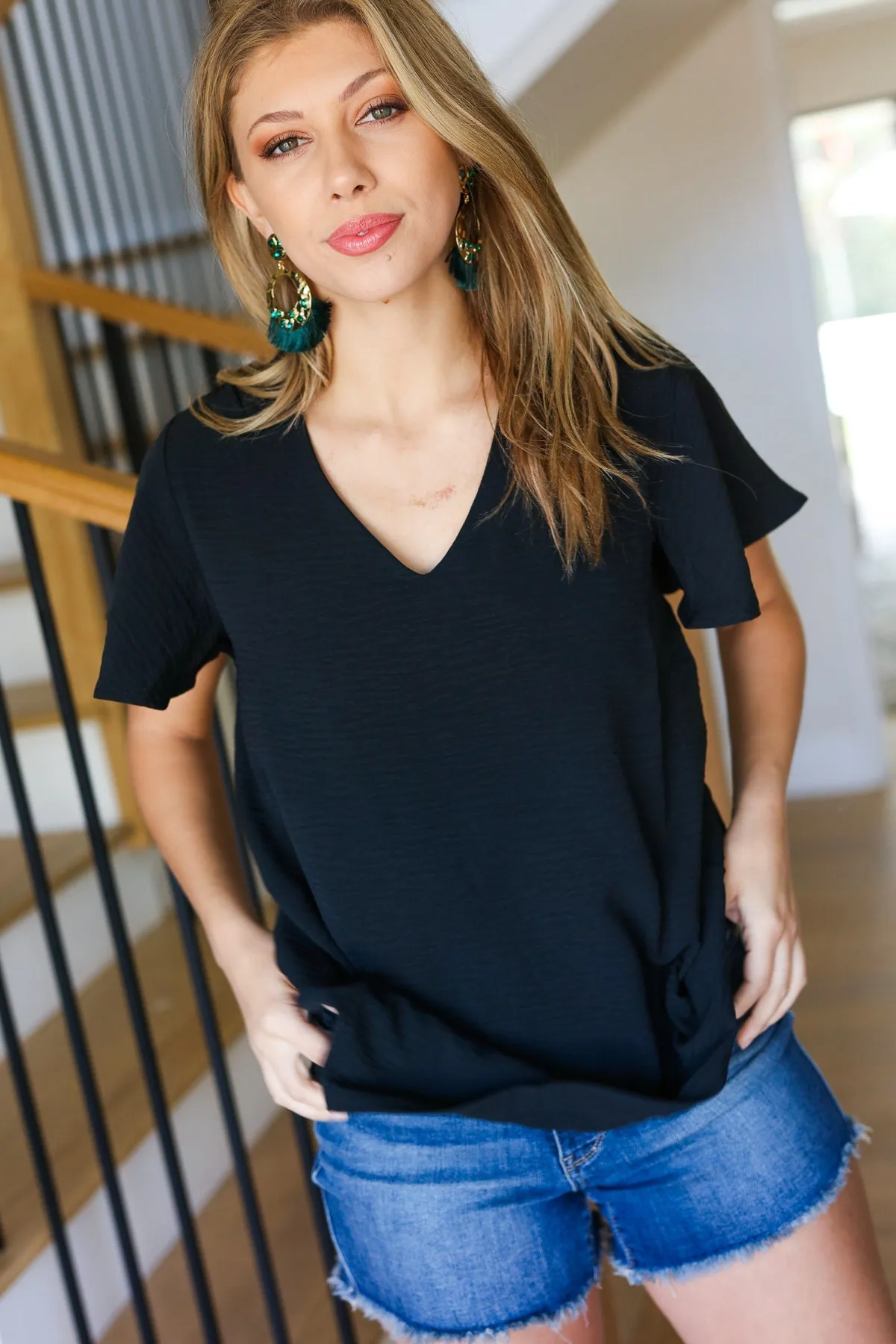 Zenana Black Flutter Sleeve V Neck Top