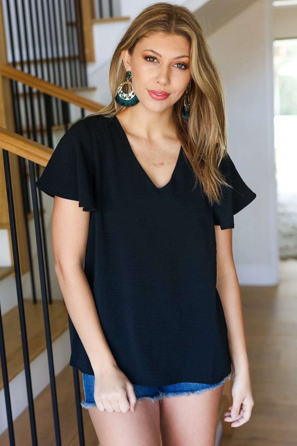 Zenana Black Flutter Sleeve V Neck Top