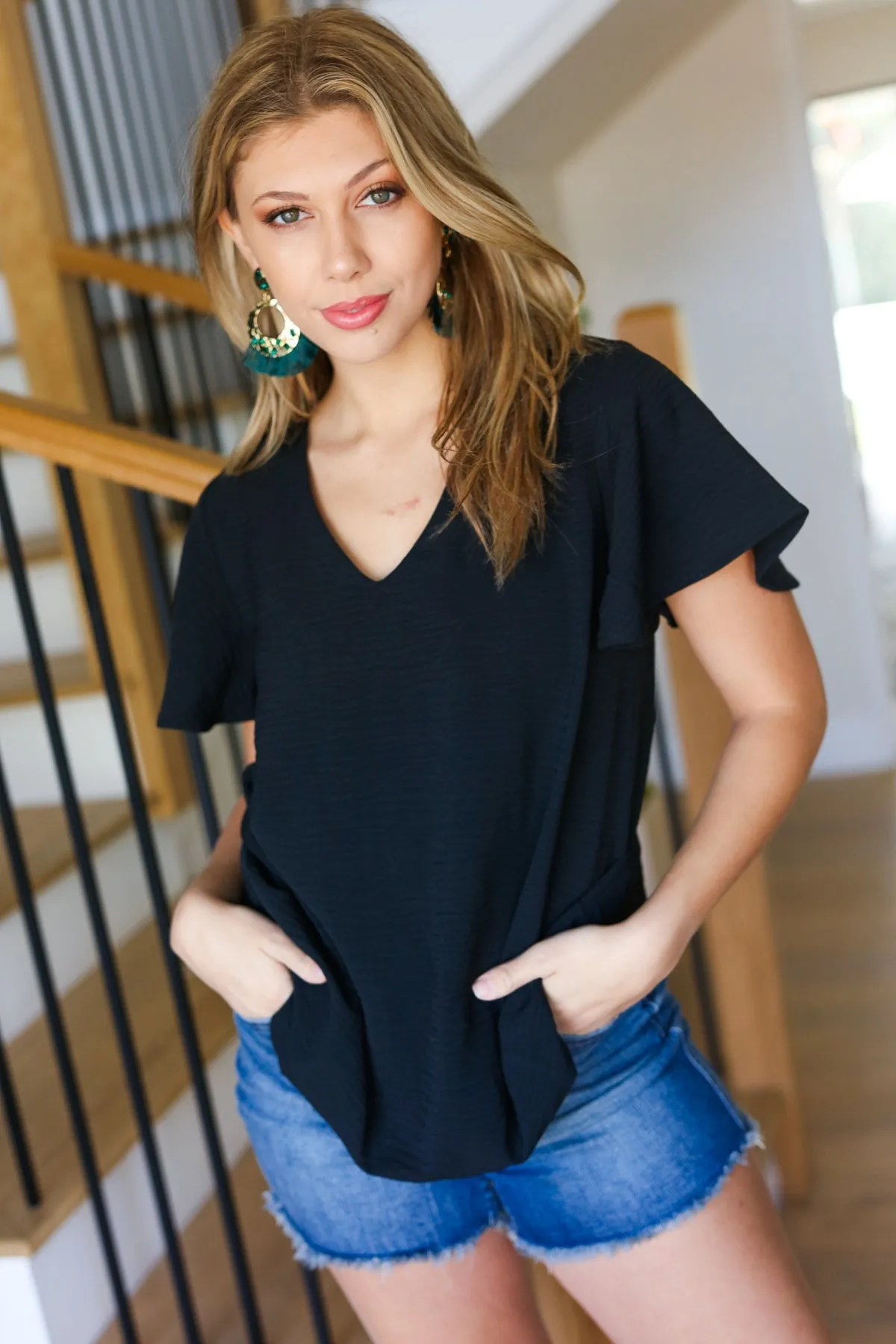 Zenana Black Flutter Sleeve V Neck Top